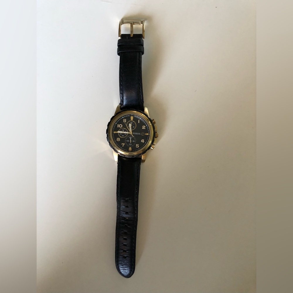 Fossil Chronograph Watch Gold Black Dial Leather Water Resistant FS4830 45MM